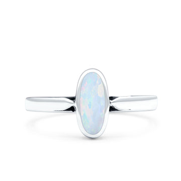 Vintage Style Petite Dainty Lab Created White Opal Solid Oval Oxidized 925 Sterling Silver